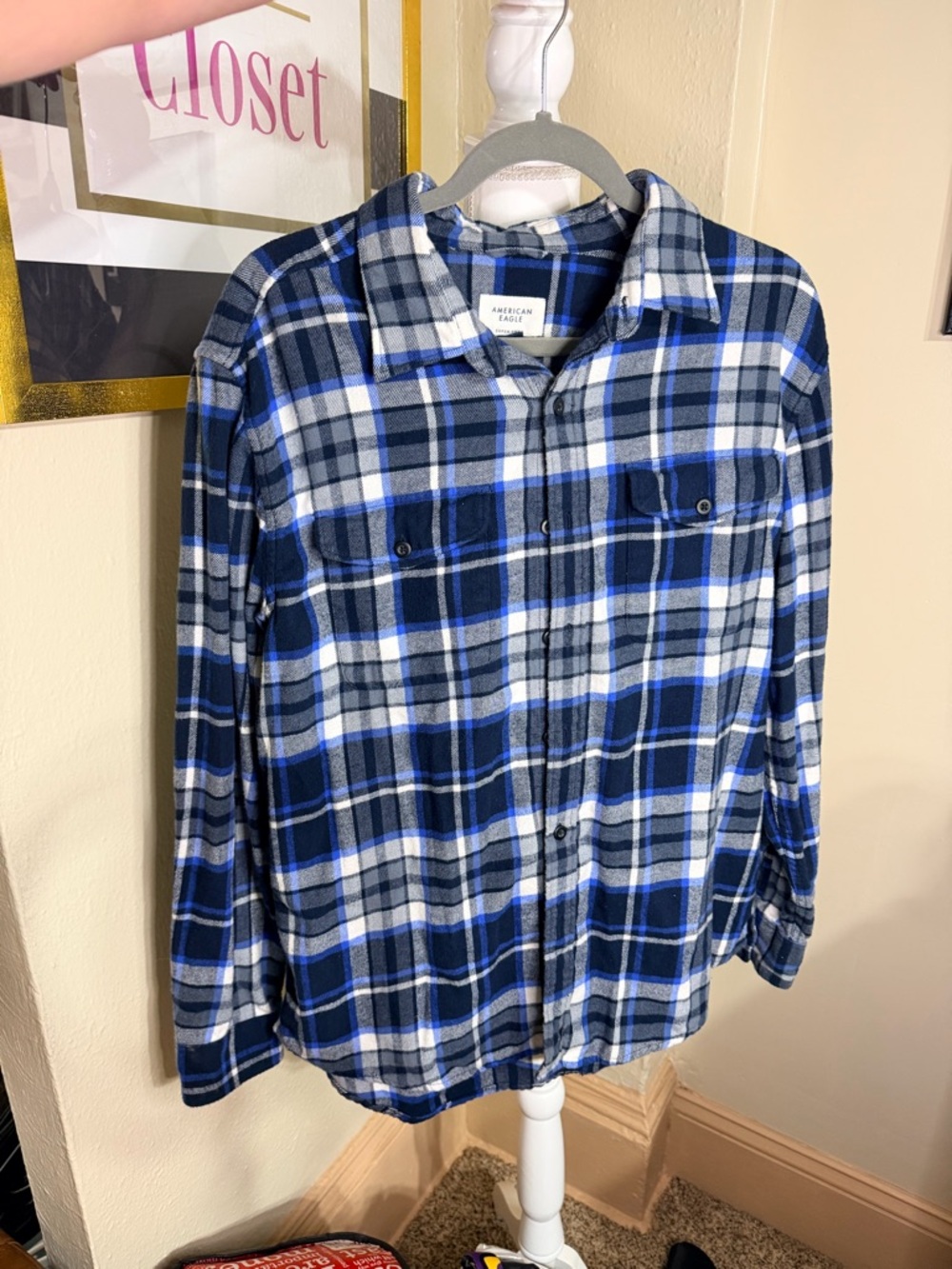 American Eagle Outfitters Blue and Black Plaid Button-Down Shirt